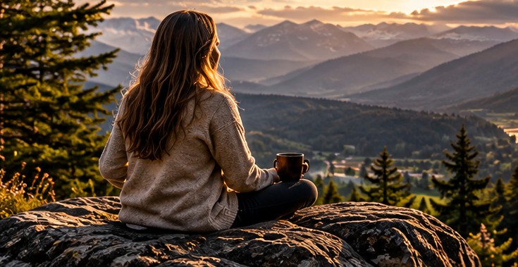 Sara Blackburn overlooking a mountain valley at sunrise